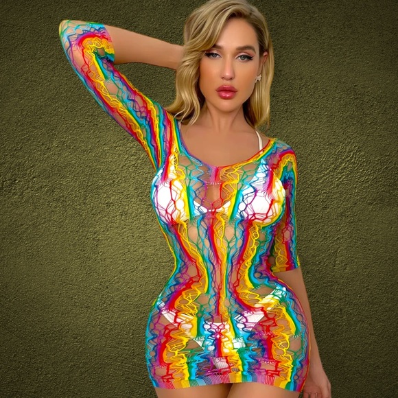 Iridescent Beach Halter Sexy Bodysuit, Skimpy Off-Shoulder Mesh Sheer Jumpsuit. - Picture 5 of 6